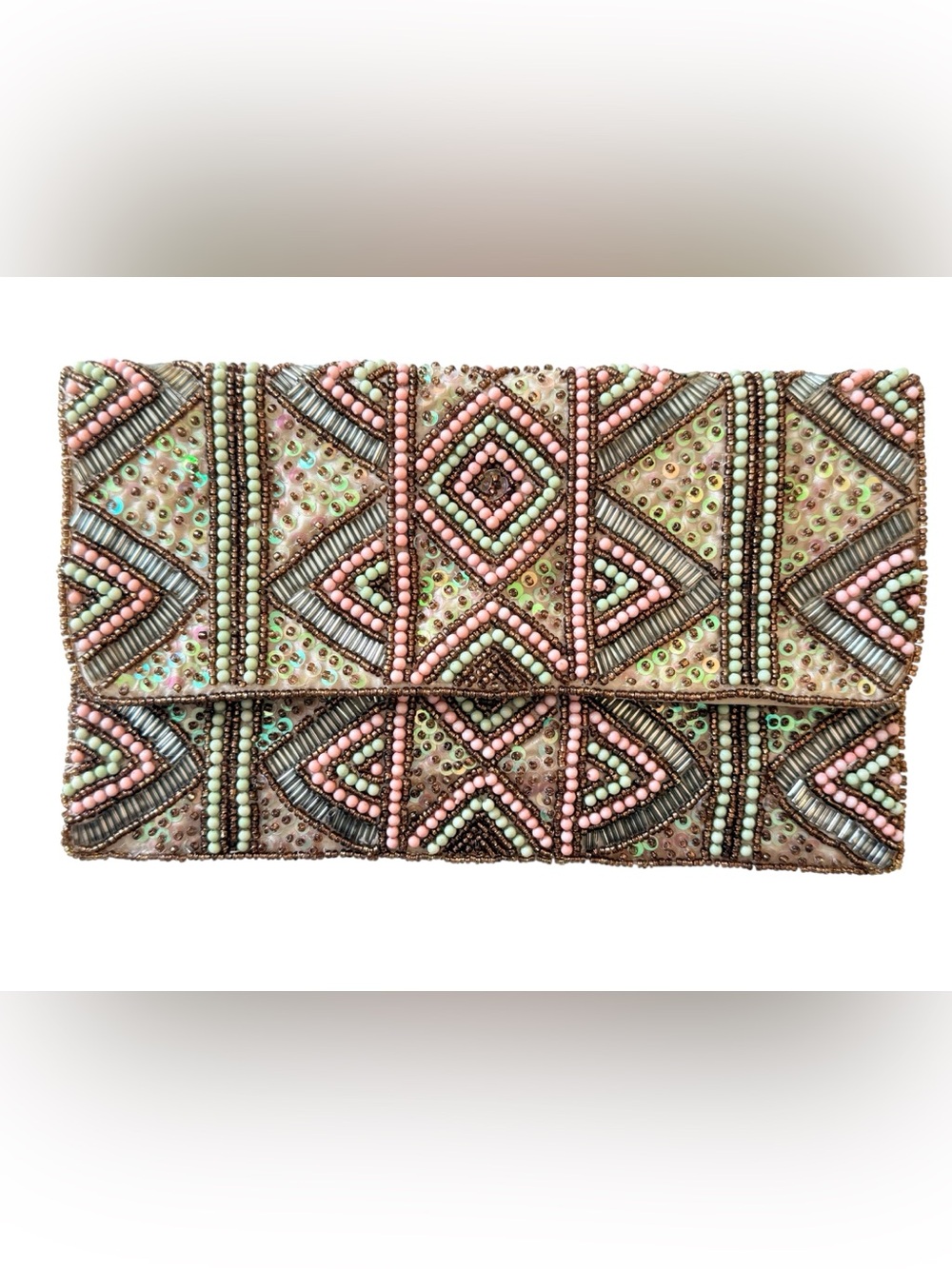 Vintage Beaded Envelope Clutch Crossbody Bag Art Deco Pastel Sequin